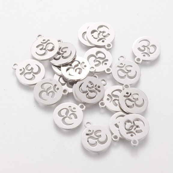 50pc 304 Stainless Steel Charms Flat Round with Om Symbol Stainless Steel Color 14x12x1mm Hole: 1.5mm