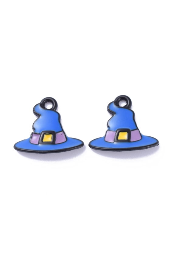 50pc Alloy Enamel Charms Witch Hat Charms Magic Hat for Halloween Blue 13x15x2mm Hole: 1mm