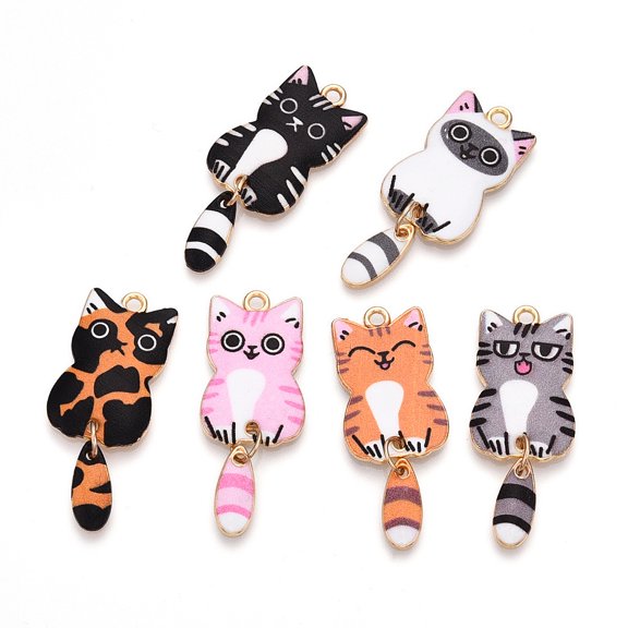 50pc Alloy Enamel Pendants Golden Cat Charm Mixed Color 39x15.5x2mm Hole: 2mm