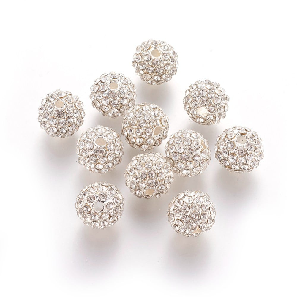 50pc Alloy Rhinestone Beads Grade A Round Silver Color Plated Crystal 10mm Hole: 2mm