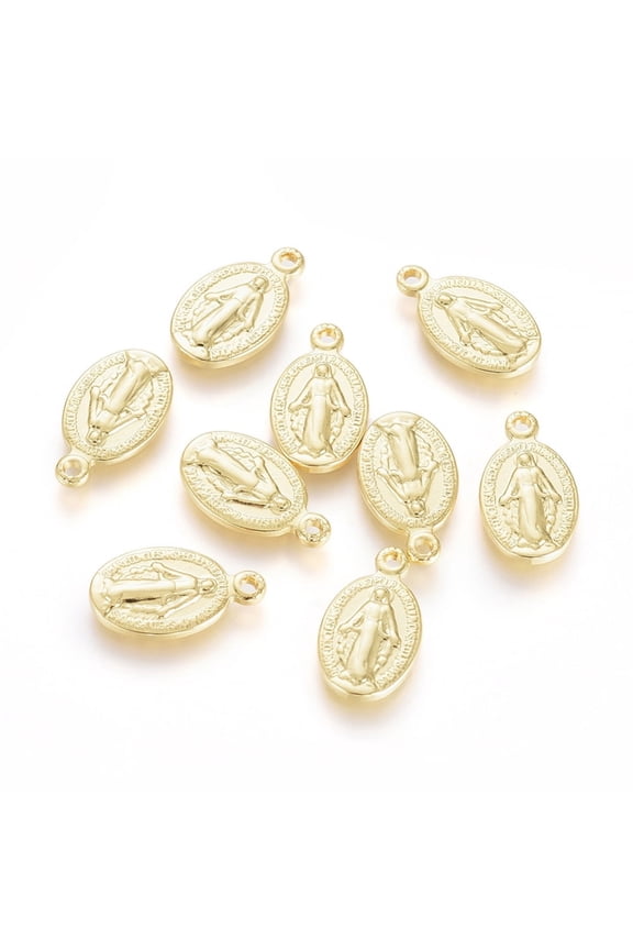 50pc Brass Charms Long-Lasting Plated Miraculous Medal Oval with Real 18K Gold Plated 14x8x1.5mm Hole: 1.2mm