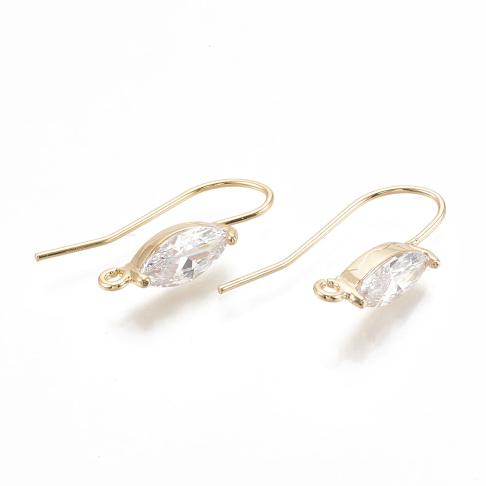 50pc Brass Earring Hooks with Cubic Zirconia and Horizontal Loop Horse Eye Clear Nickel Free Real 18K Gold Plated 21~23x14~17x5mm Hole: 1.5mm