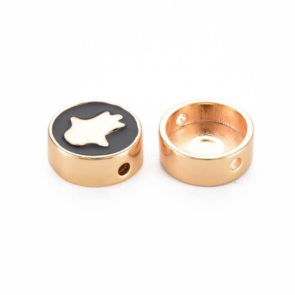 50pc Brass Enamel Beads Nickel Free Real 18K Gold Plated Flat Round with Palm Black 11x4.5mm Hole: 1.4mm