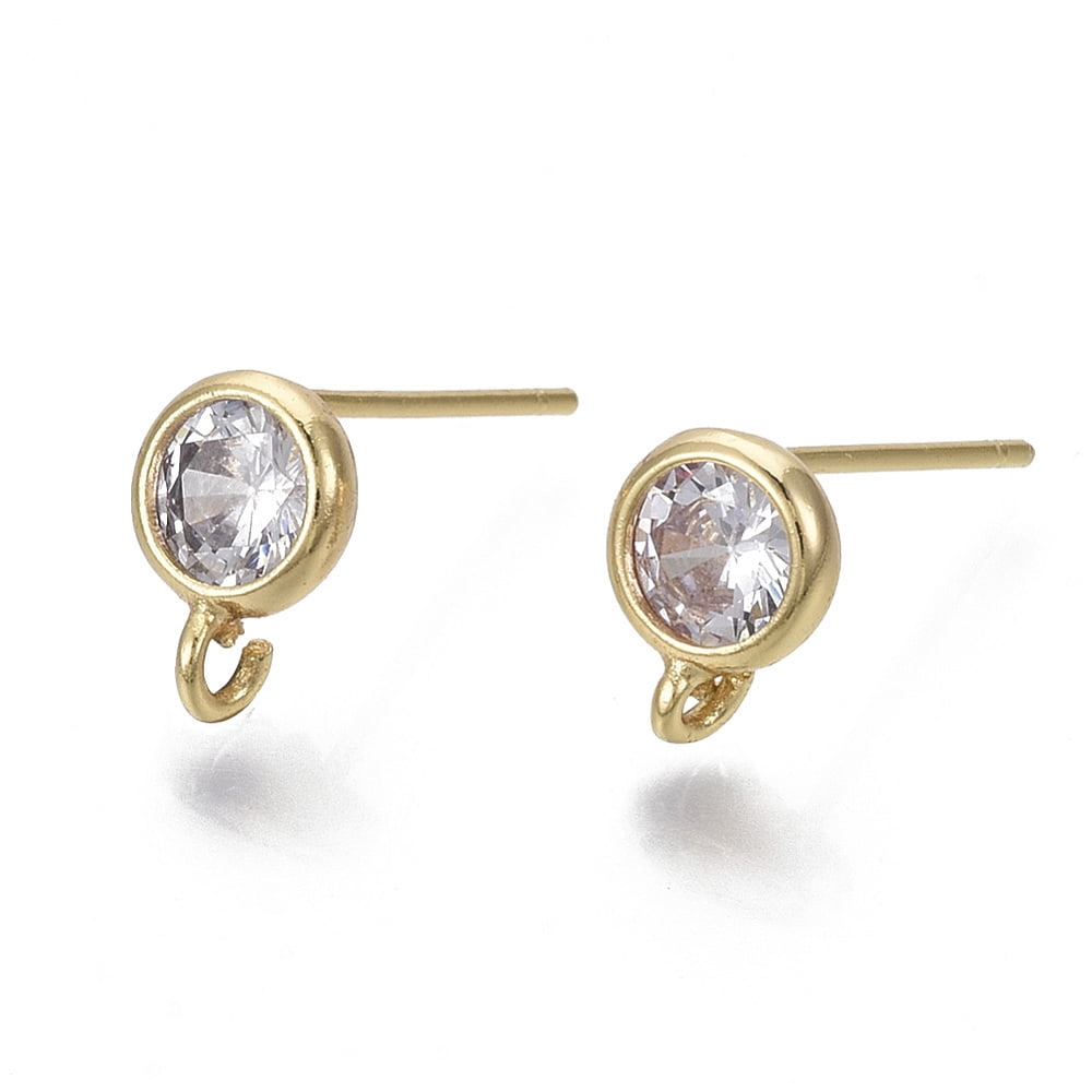50pc Brass Micro Clear Cubic Zirconia Stud Earring Findings with Loop Nickel Free Flat Round Real 18K Gold Plated 8x6mm Hole: 1.2mm Pin: 0.7mm
