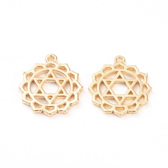 50pc Brass Pendants Anahata Long-Lasting Plated Hollow for Jewish Flower with Star of David Real 18K Gold Plated 17x15.5x1.5mm Hole: 1mm