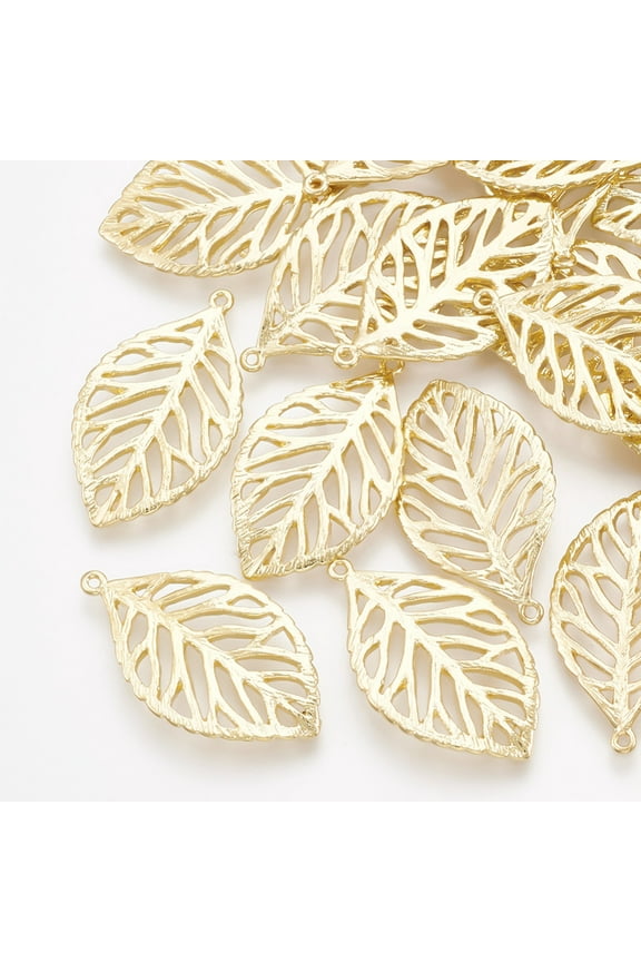 50pc Brass Pendants Cut-Out Leaf Real 18K Gold Plated 23x13x1mm Hole: 0.8mm