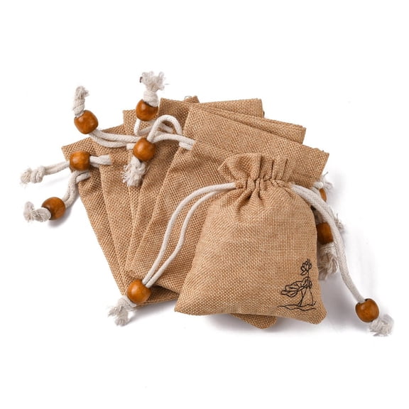 50pc Burlap Packing Pouches Drawstring Bags with Wood Beads Bisque 10~10.1x8.2~8.3cm