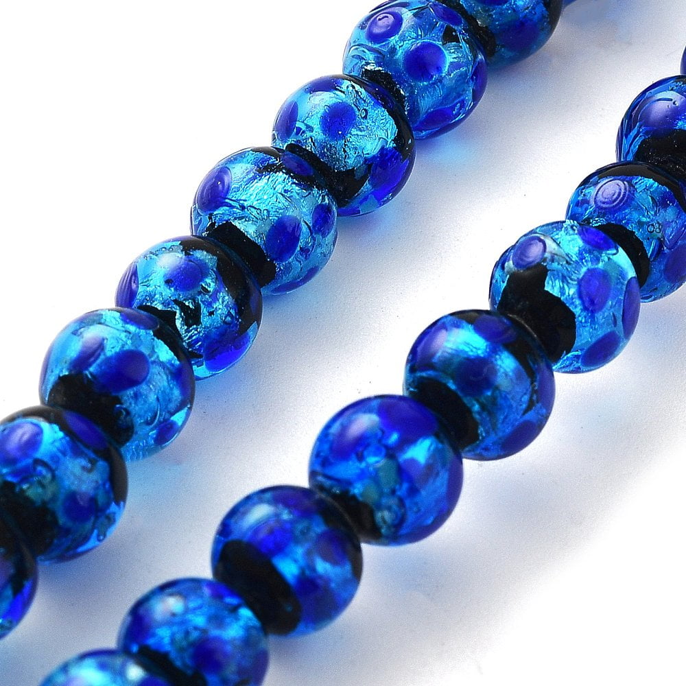 50pc Glow in the Dark Luminous Style Handmade Silver Foil Glass Round Beads Blue 8mm Hole: 1mm