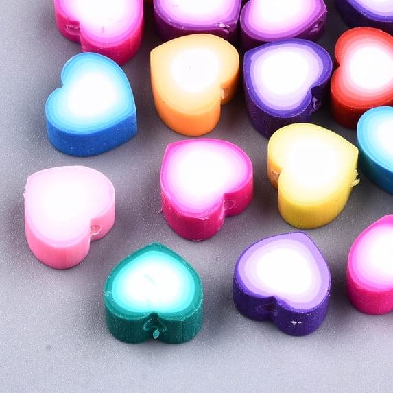 50pc Handmade Polymer Clay Beads Heart Mixed Color 9.5x10x5mm Hole: 2mm