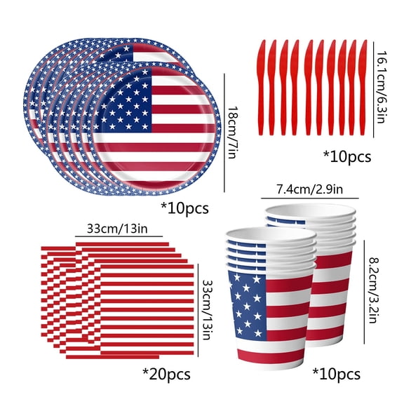 50pc Independence Day Party Tableware Set, Includes Plates Cups Forks Napkins, 10-Person Serving, Patriotic Disposable Dinnerware for BBQ & Picnic​