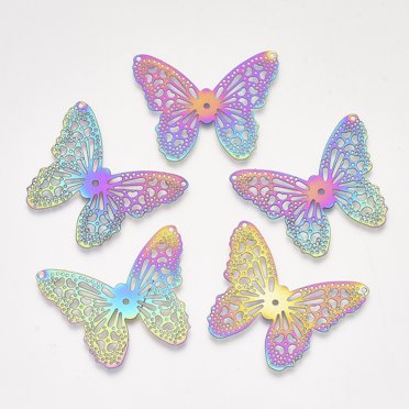Bestewelry 48Pcs Stainless Steel Butterfly Charms Pendants Rainbow Filigree Butterfly Charms 12 Colors Insect Butterfly Etched Metal Embellishments For Bracelet Necklace Earrings Jewelry Making