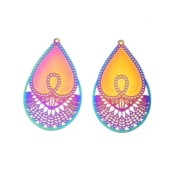 50pc Ion Plating(IP) 304 Stainless Steel Filigree Pendants Etched Metal Embellishments Drop Rainbow Color 42x25x0.2mm Hole: 1.2mm