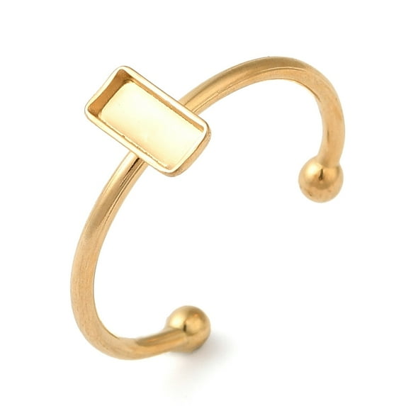 50pc Ion Plating(IP) 304 Stainless Steel Open Cuff Ring Components Pad Ring Setting Rectangle Real 18K Gold Plated Tray: 7x3mm 1.5mm Adjustable