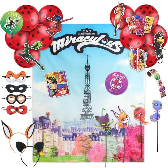 50pc  Ladybug All-in-One Birthday Party Supplies Set | Zag Heroez Celebration Kit with Backdrop, Props & Tableware