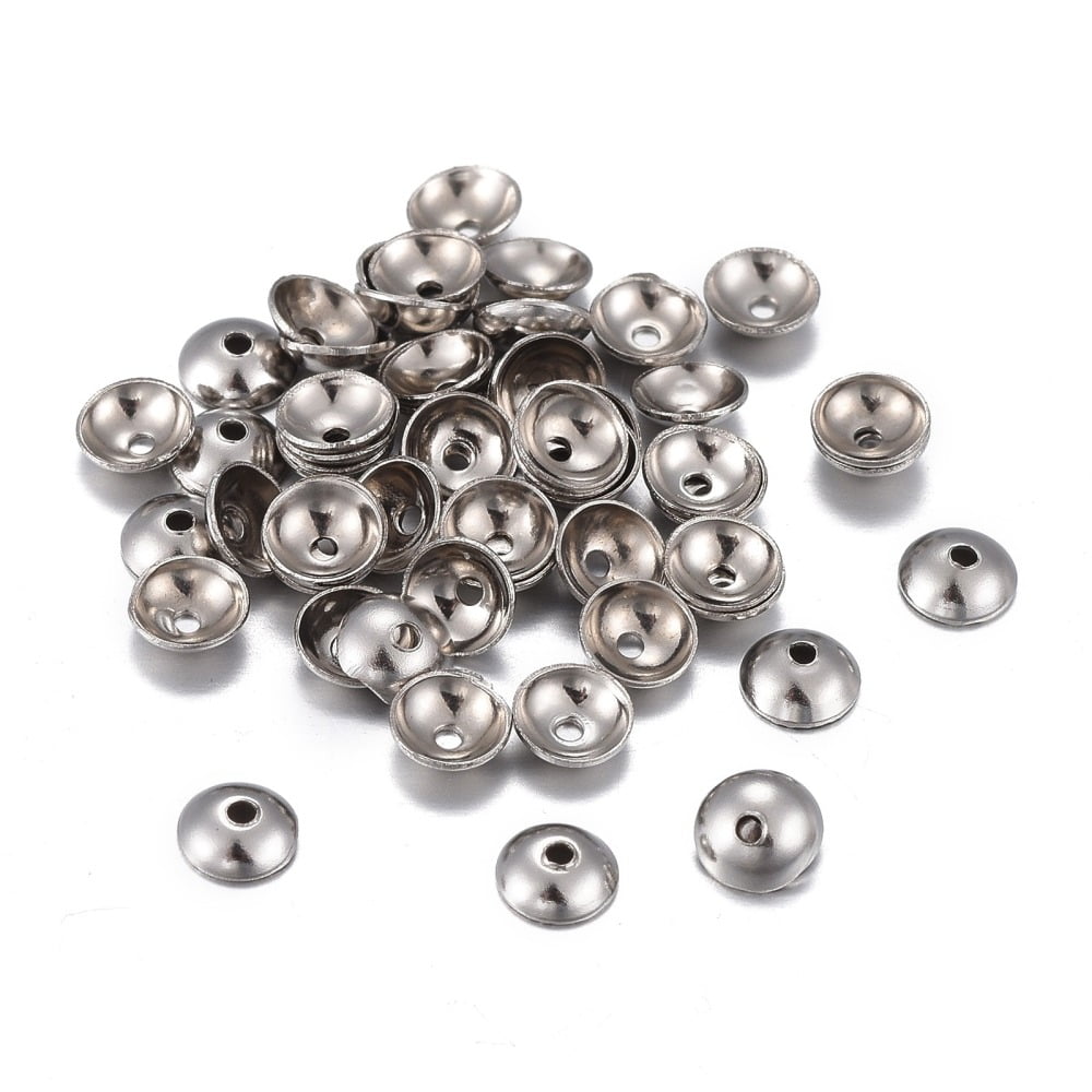 50pc Non-Tarnish 201 Stainless Steel Bead Caps Half Round Stainless Steel Color 4x1.5mm Hole: 0.8mm