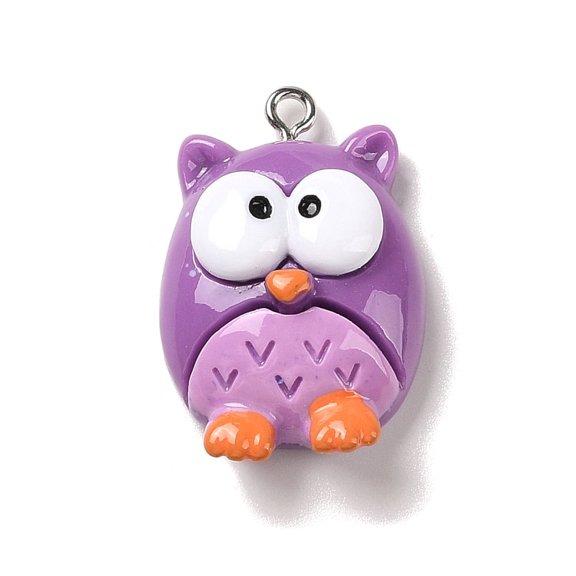 50pc Opaque Resin Pendants Charms with Platinum Tone Alloy Loops Medium Orchid Owl 23.5x27x10mm Hole: 1.5mm