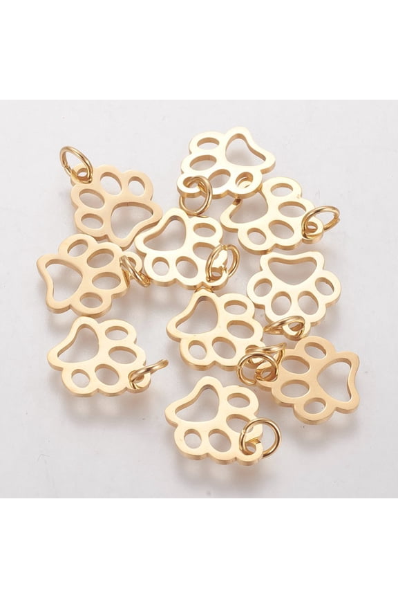 50pc PVD Vacuum Plating 304 Stainless Steel Pendants Dog Paw Prints Golden 13x12x1mm Hole: 4mm