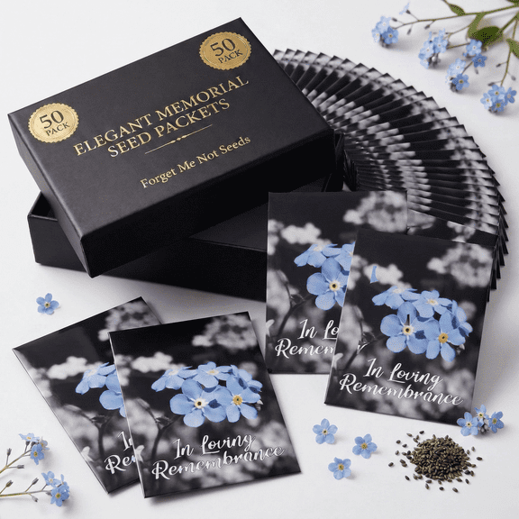 Choobly Forget Me Not Seed Packet Favors, 50 Count, Funeral & Celebration of Life Memorial Favors, Prefilled