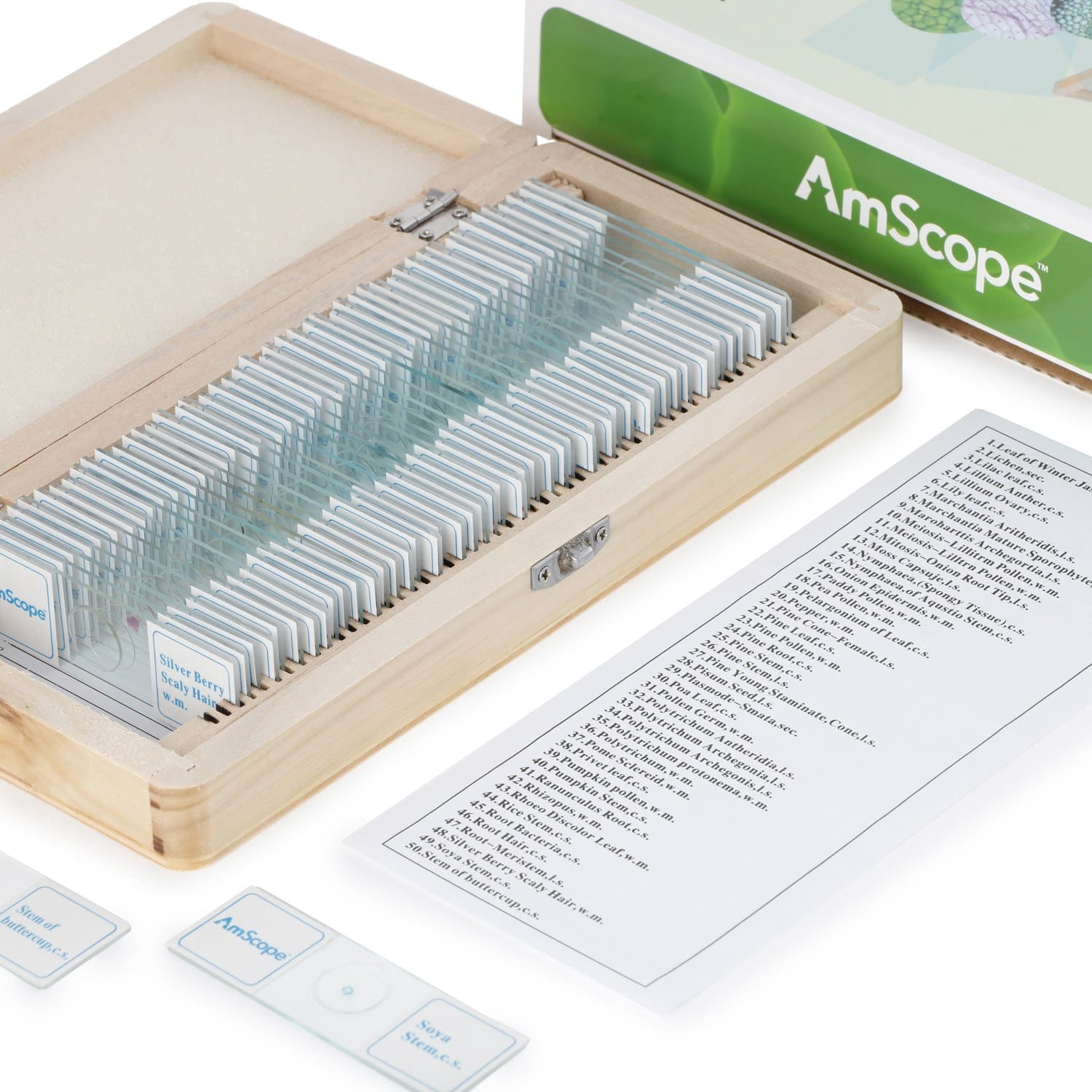 50pc Prepared Glass Microscope Botany Slide Specimens with Wooden Case