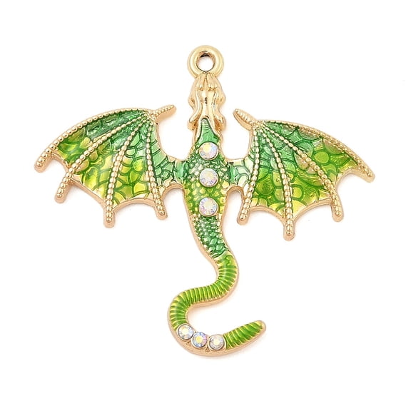 50pc Rack Plating Alloy Enamel Pendants with Rhinestone Dragon Charm Green Yellow 38x41x4mm Hole: 1.6mm