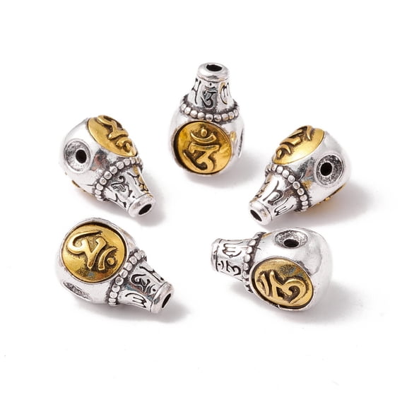 50pc Rack Plating Tibetan Style Alloy 3-Hole Guru Beads T-Drilled Beads Round with Ohm/Aum Silver & Golden 17x10.5x11mm