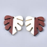 SFTD 50pc Resin & Walnut Wood Pendants Tropical Leaf Charms Monstera Leaf Pendant Creamy White 30x28x3.5mm Hole: 2mm