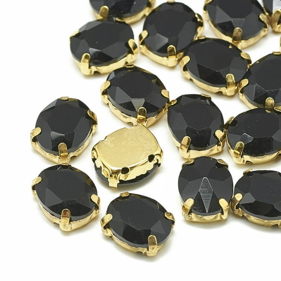 50pc Sew on Rhinestone Multi-strand Links Glass Rhinestone with Brass Prong Settings Garments Accessories Faceted Oval Golden Jet 14x10x6.5mm Hole: 1mm