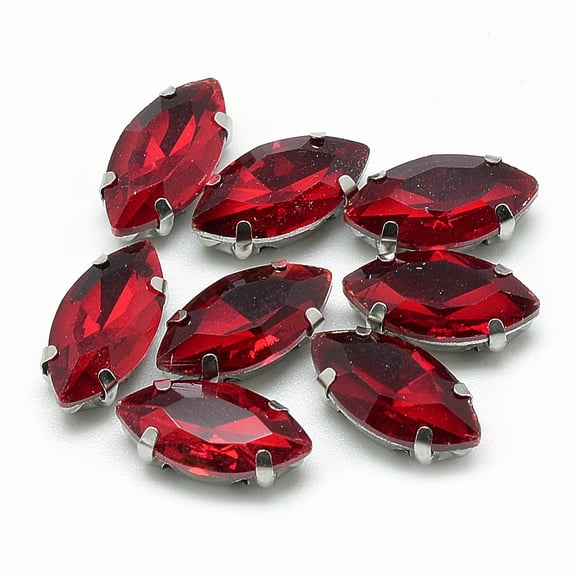 50pc Sew on Rhinestone Multi-strand Links Glass Rhinestone with Platinum Tone Brass Prong Settings Garments Accessories Faceted Horse Eye Red 8x4x3.5mm Hole: 0.8~1mm