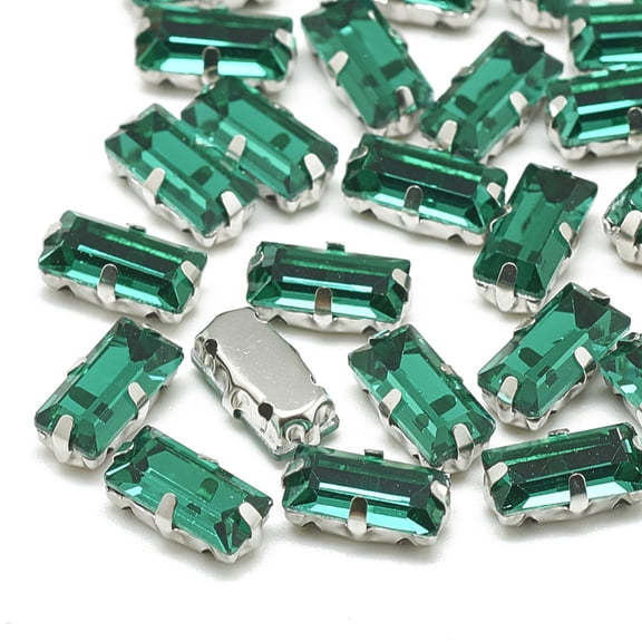 50pc Sew on Rhinestone Multi-strand Links Glass Rhinestone Garments Accessories Rectangle Platinum Med.Emerald 10.5x5.5x4mm Hole: 1mm