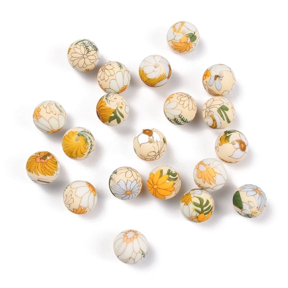 50pc Silicone Beads DIY Nursing Necklaces and Bracelets Making Chewing Pendants Round with Flower Pattern Colorful 15mm Hole: 2mm