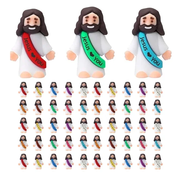 50pc Soft Rubber Jesus Figurine Set | Religious Party Favors w/ Organza Bag & Gift Cards | Easter Egg Stuffers, Baptism Gifts, Sunday School（Random color）