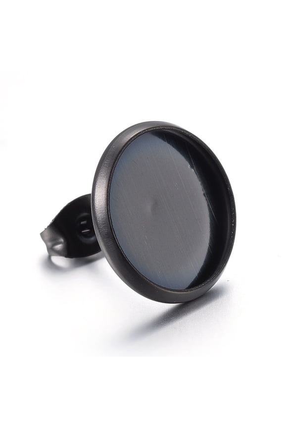 50pc Stainless Steel Stud Earring Settings Flat Round Electrophoresis Black Tray: 12mm 14mm Pin: 0.7mm