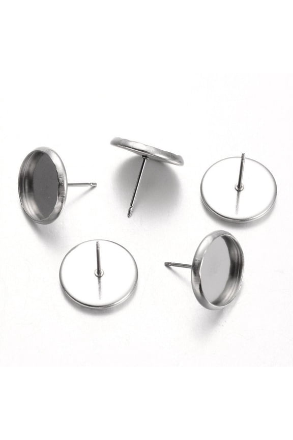 50pc Resistant Flat Round Stainless Steel Stud Earring Settings Silver Tray: 12mm 14mm Pin: 0.7mm