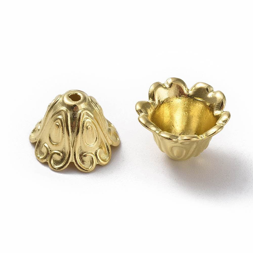 50pc Tibetan Style Alloy Bead Caps Cadmium Free \u0026 Lead Free Golden 15x11mm Hole: 2mm Inner Diameter: 10mm