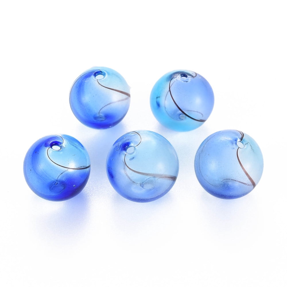 50pc Transparent Handmade Blown Glass Globe Beads Round Dodger Blue 12.5~14mm Hole: 1~2mm