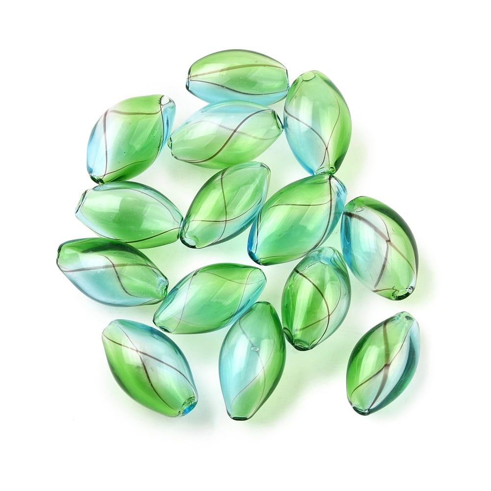 50pc Transparent Handmade Blown Glass Globe Beads Stripe Pattern Rice Light Sky Blue 18.5~19.5x9.5~10.5mm Hole: 0.8~1.5mm