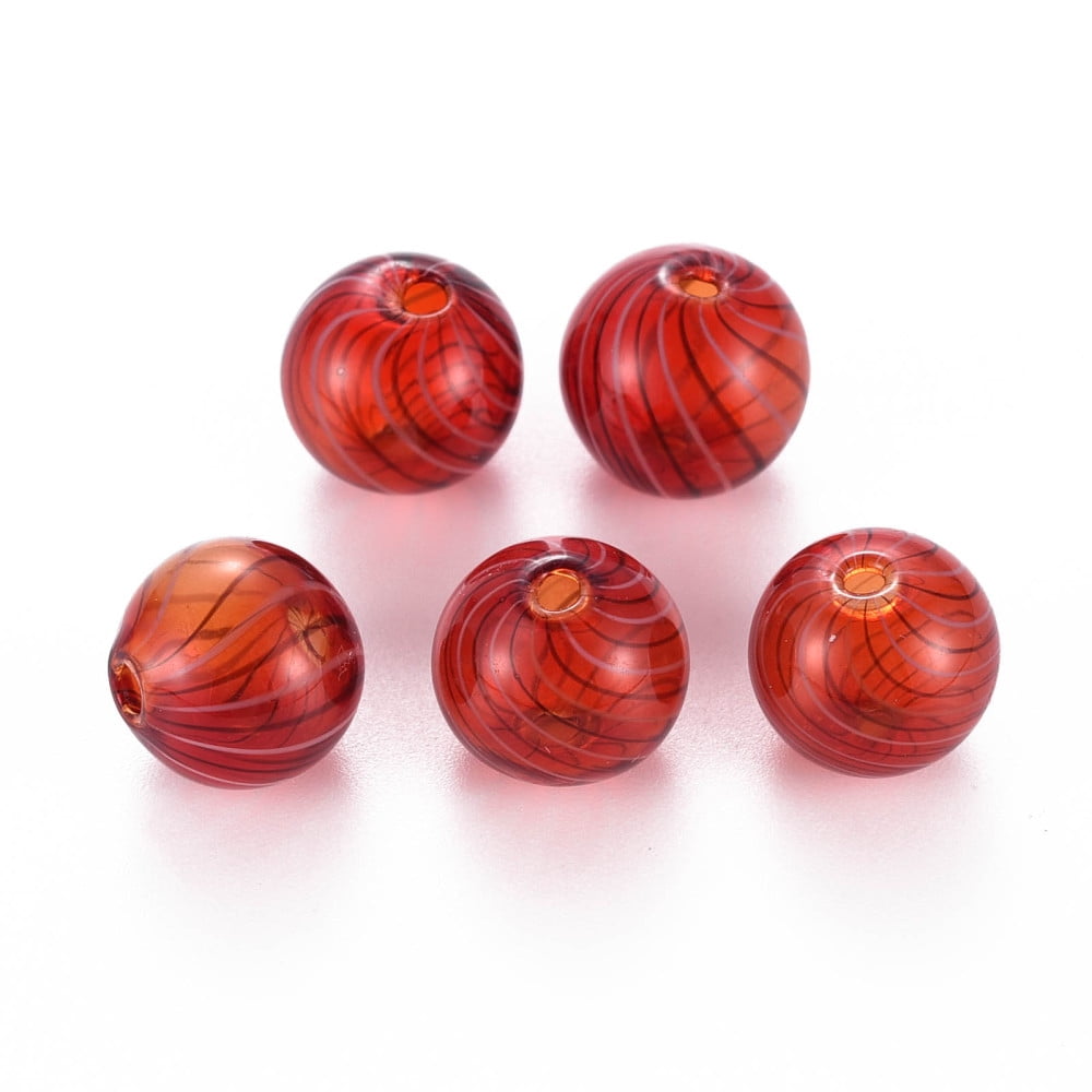 50pc Transparent Handmade Blown Glass Globe Beads Stripe Pattern Round FireBrick 13.5~14.5mm Hole: 1~2mm