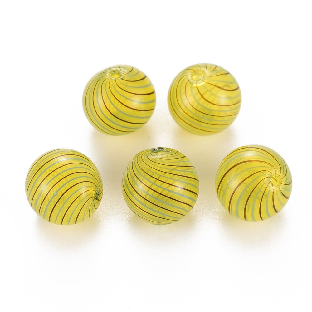 50pc Transparent Handmade Blown Glass Globe Beads Stripe Pattern Round Light Khaki 13~14mm Hole: 1~2mm