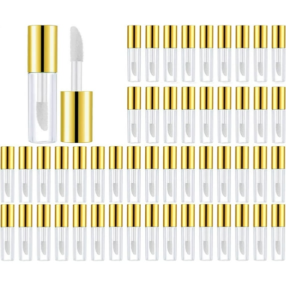 50pcs 1.2ml Clear Pretty Lip Gloss Tube Empty Lip Balm Bottle Containers with Rubber Inserts for Samples Makeup Travel (Gold Lid)