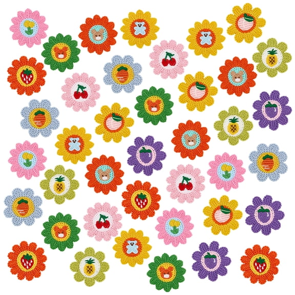 50pcs 10 Styles Crochet Fruit Flowers Sew On Patches 2.56" Sunflower Appliques Patch Embroidered Polyester Fabric DIY