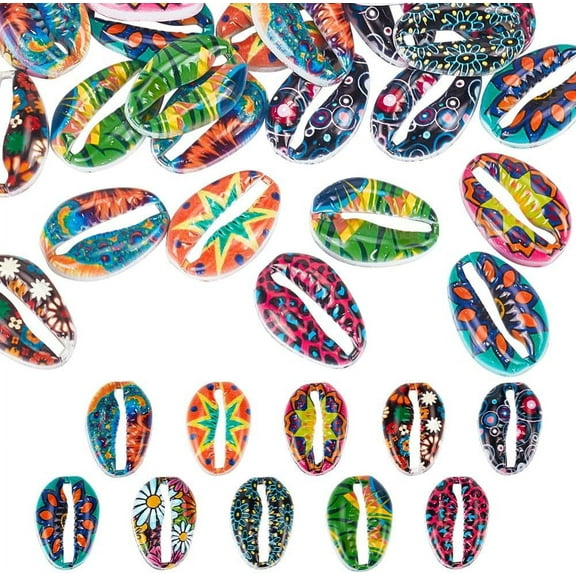50pcs 10 styles Printed Alloy Connector Charms Cowrie Shell Shaped Links Mixed Patterns Mixed color 16x11x3.5mm 5pcs/color