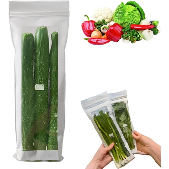 50pcs/100pcs Long Sealed Bags For Vegetables, Food Grade Fresh-Keeping Bags, Double Seal Reusable Produce Bag, For Fruit Vegetable Refrigerator Storage Kitchen
