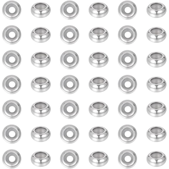 50pcs 10mm Diameter 201 Stainless Steel Rubber Stopper Bead Flat Round Positioning Spacer Beads Metal Slider Rondelle Beads Smooth Loose Ball Locating Beads for Crafts Jewelry Findings Silver DIY