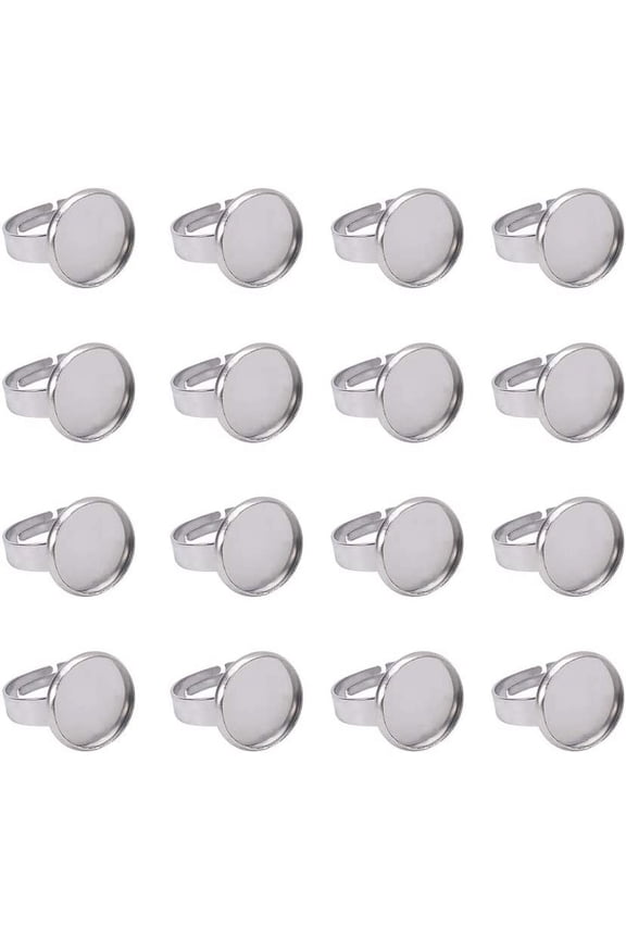 50pcs 12mm Stainless Steel Ring Base Blank Bezel Adjustable Pad Cabochon Base Flat Round Size 7 Finger Rings Components Findings for Jewelry Making Supplies