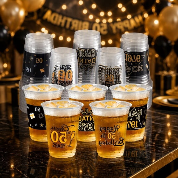 50pcs 16oz Black Gold Plastic Cups, 50th Birthday Disposable Drinking Cups, Happy 50th Birthday Party Supplies Decorations for Men Women