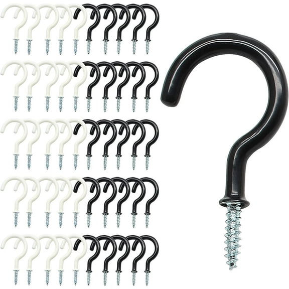 50pcs 2 Inch Ceiling Hooks Heavy Duty, Cup Hooks Screw in, C Hooks Screw for Hanging Plants Lights Mugs Wind Chimes Cups(Black and White)