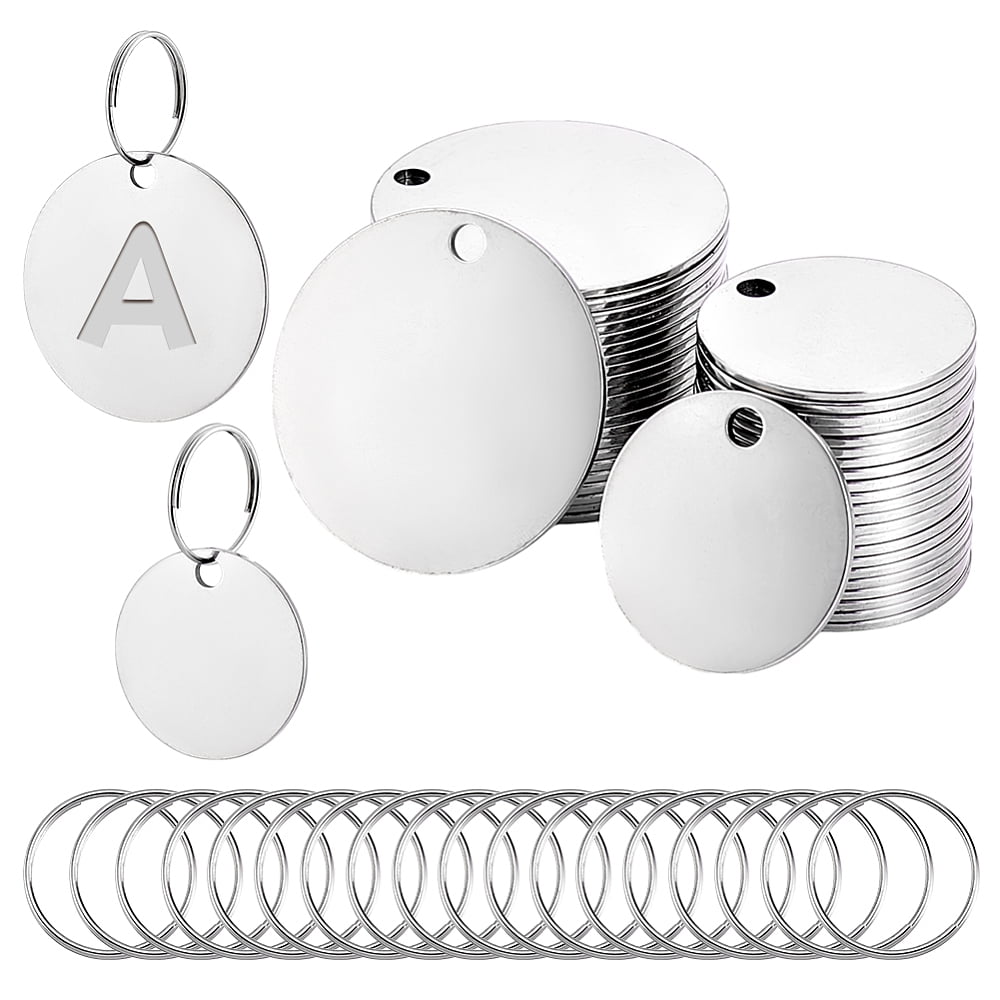 50pcs 2 Sizes Round Stamping Blanks Stainless Steel Blank Tags with Hole Blank Metal Charms with 50pcs Key Rings for Engraving 1.2/1.6 inch