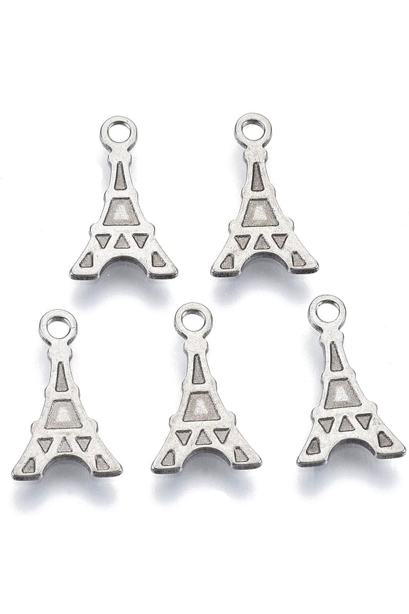 50pcs 201 Stainless Steel Charms Laser Cut Eiffel Tower Stainless Steel Color 12x7x0.7mm Hole: 1.4mm