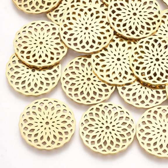 50pcs 201 Stainless Steel Filigree Joiners Links Laser Cut Links Flat Round Golden 20x1mm