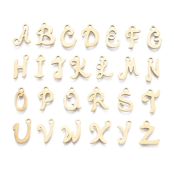 50pcs 201 Stainless Steel Laser Cut Alphabet Golden Letter 10~13x4.5~10x1mm Hole: 1.4mm